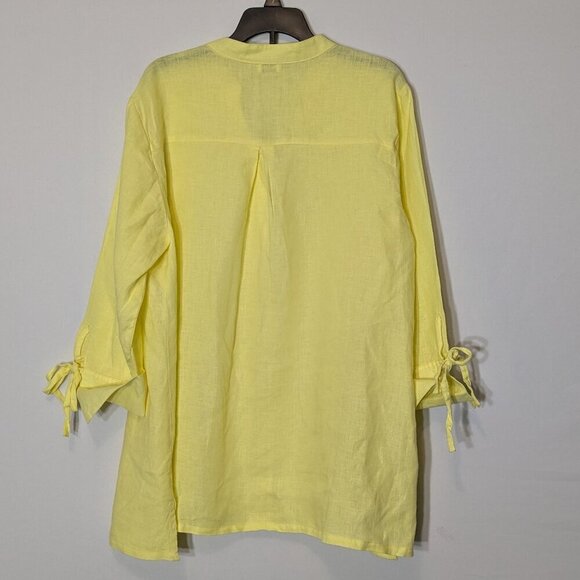 SYMPLE MK Yellow Linen Relax Fit Button Blouse; 3/4 Cuffed Sleeves w Tie; Size M - Picture 3 of 5